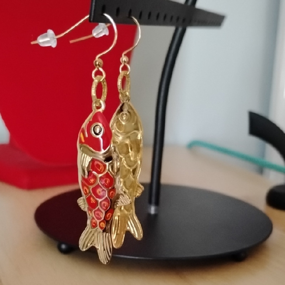 Hand Crafted 18kt Gold And Red Enamel Fish Earrings